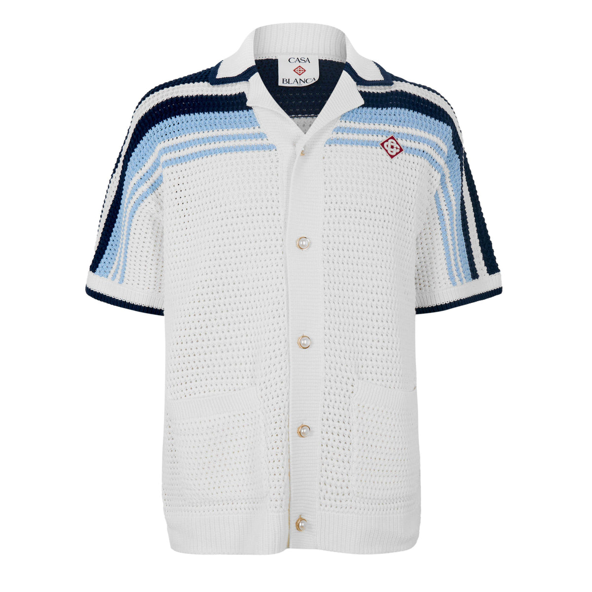 White/Blue - Casablanca - Men's Crochet Short Sleeve Patterned Shirt - 1
