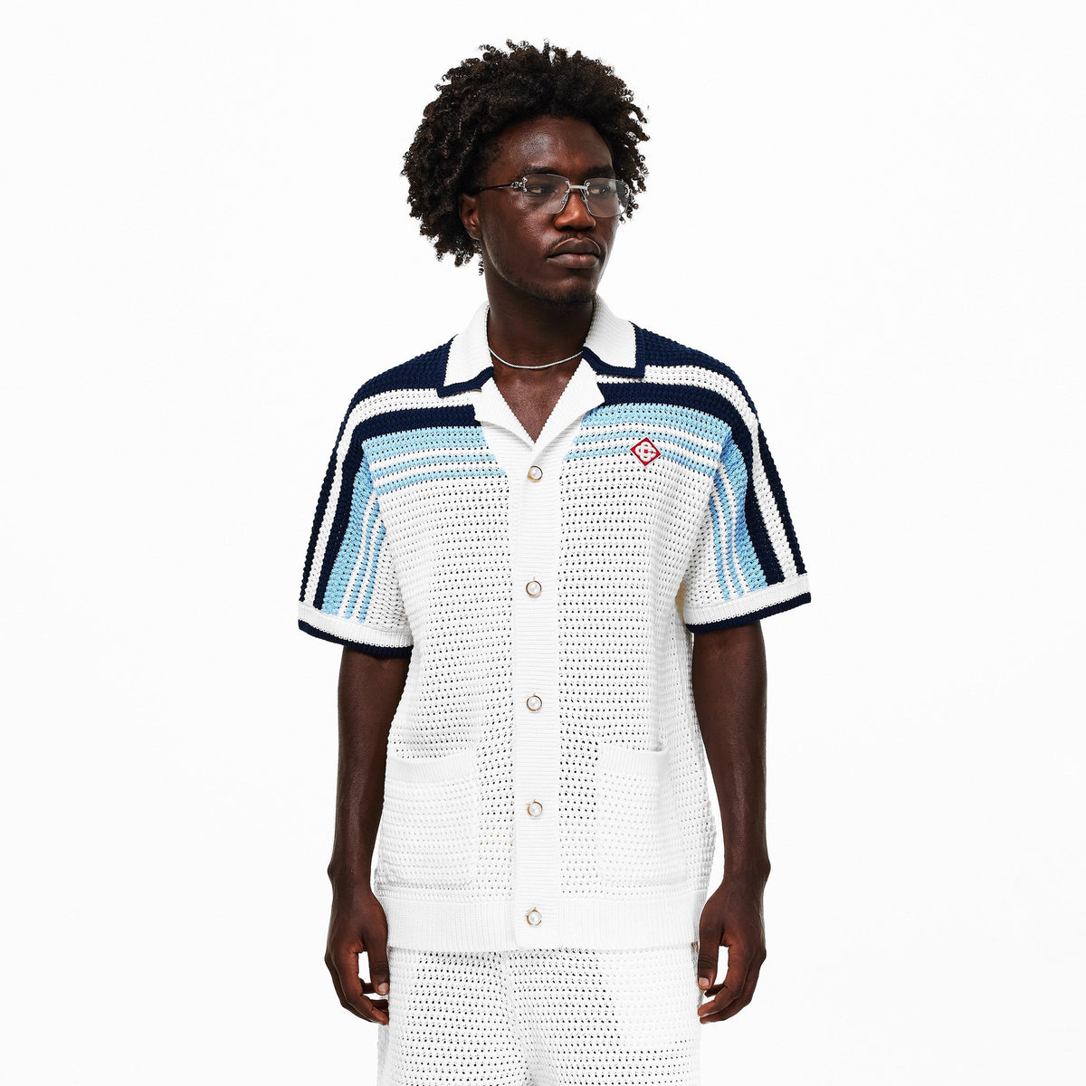 White/Blue - Casablanca - Men's Crochet Short Sleeve Patterned Shirt - 3