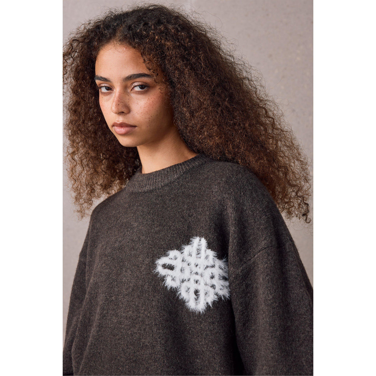 Brown - The Couture Club - Women's Fluffy Oversized-Fit Crew-Neck Jumper - 4