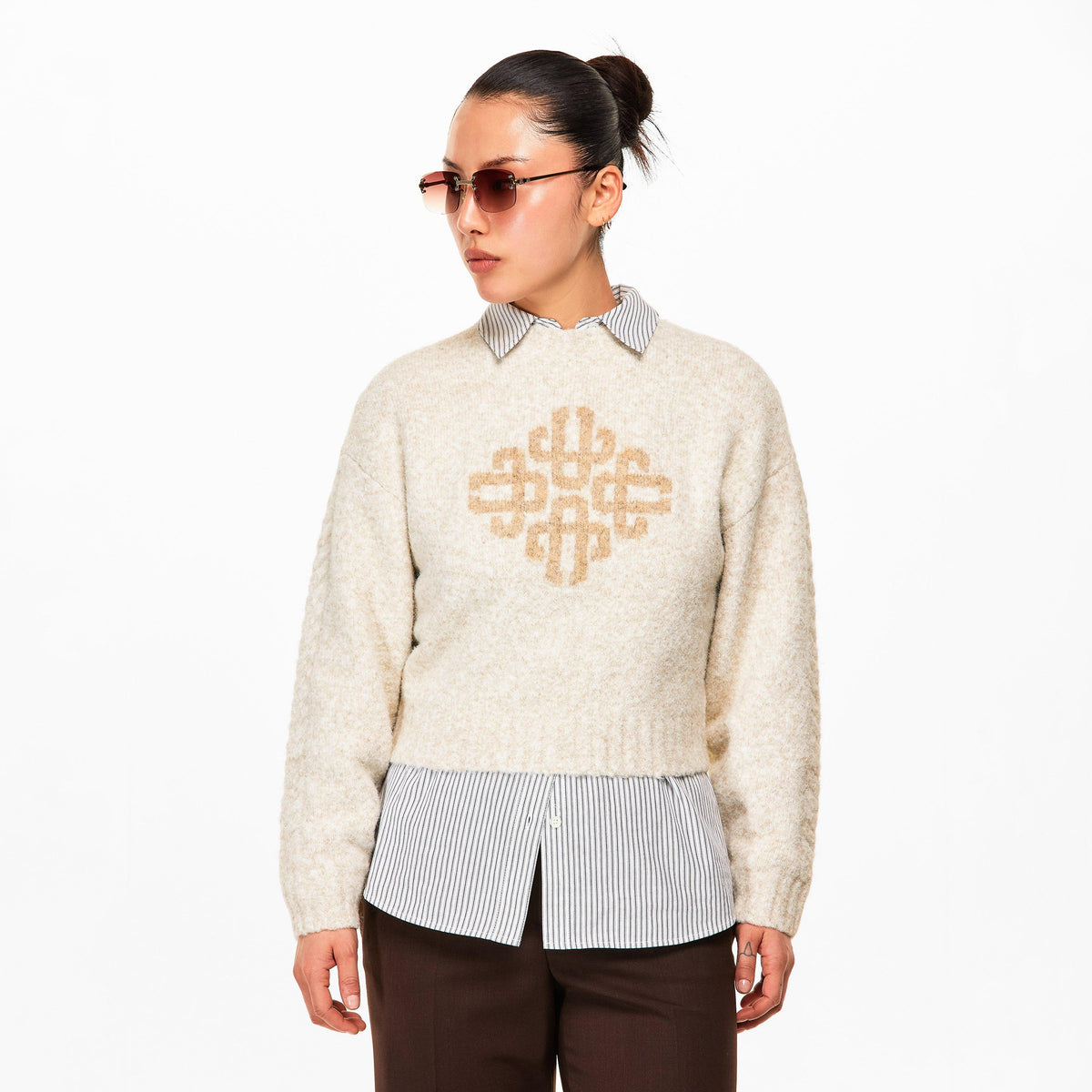 Beige - The Couture Club - Women's Embellished Buckle Crew Neck Jumper - 3