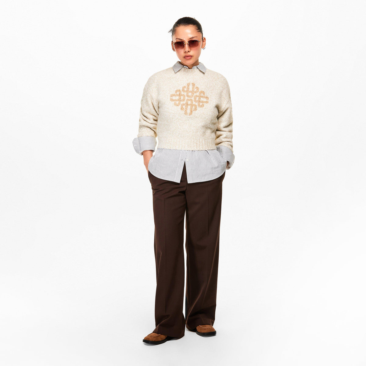 Beige - The Couture Club - Women's Embellished Buckle Crew Neck Jumper - 6
