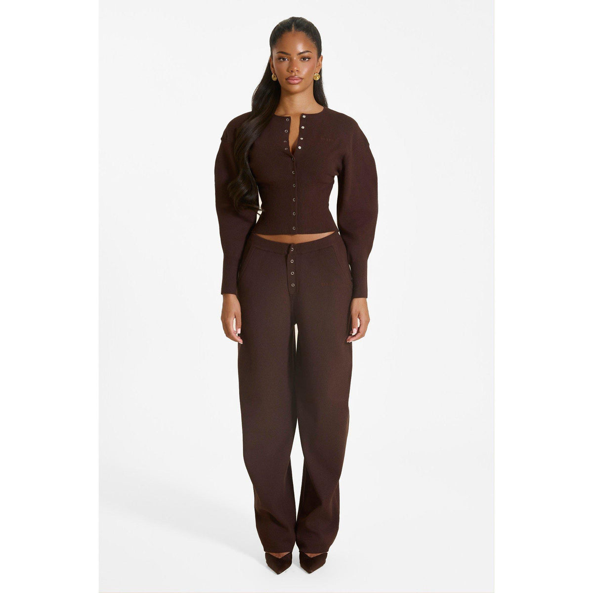 Chocolate - Mars The Label - Women's Long-Sleeve Ribbed Knit Cardigan - 1