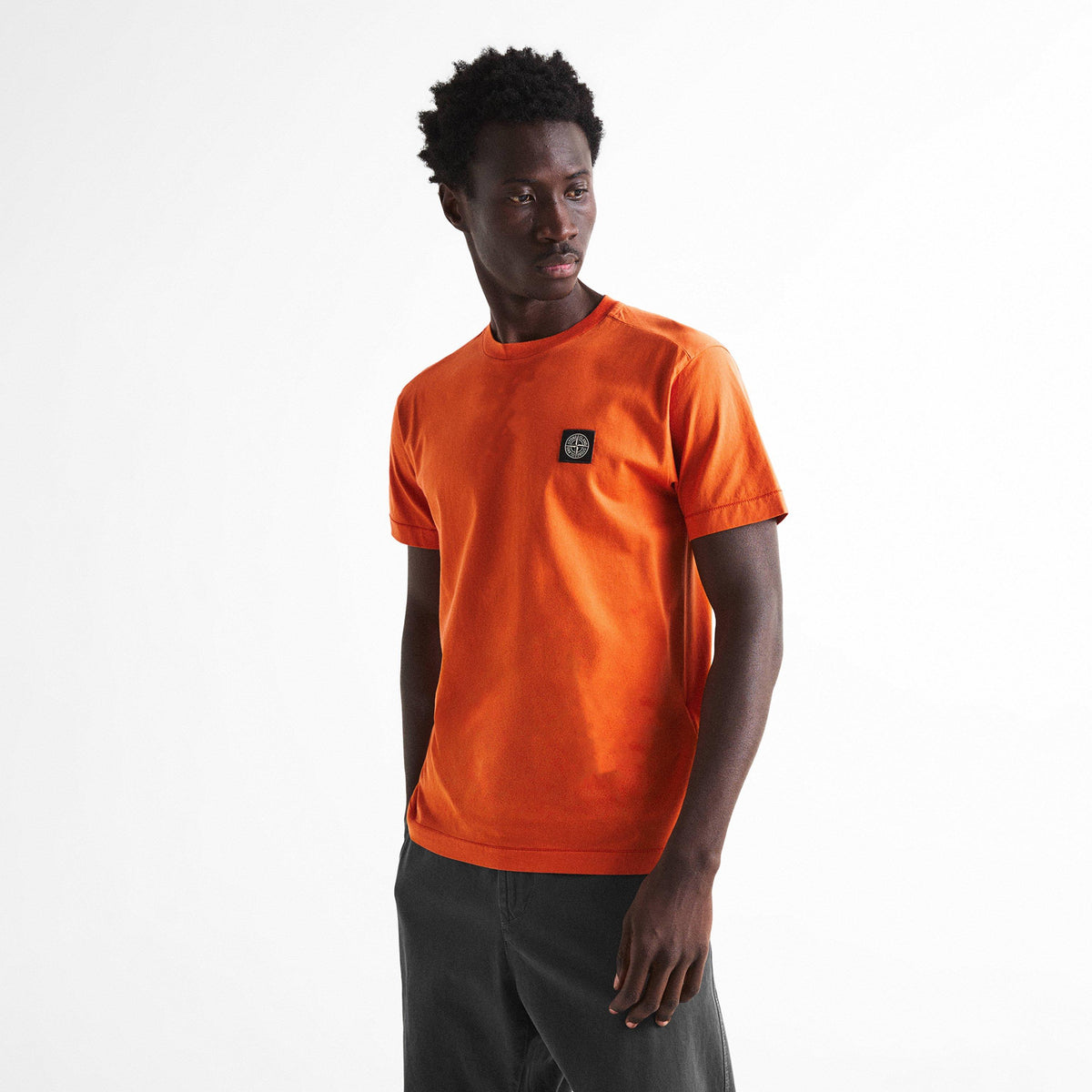 B Orange V003B - Stone Island - Men's Cotton Compass Logo Patch T-Shirt - 3