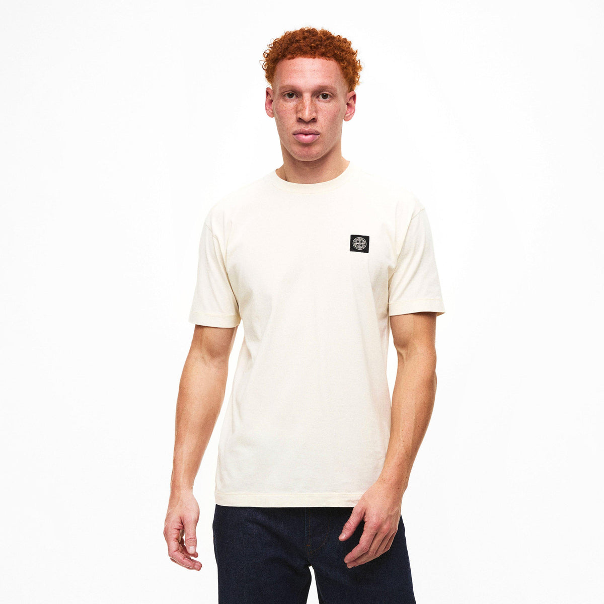 Ivory V0093 - Stone Island - Men's Cotton Compass Logo Patch T-Shirt - 3