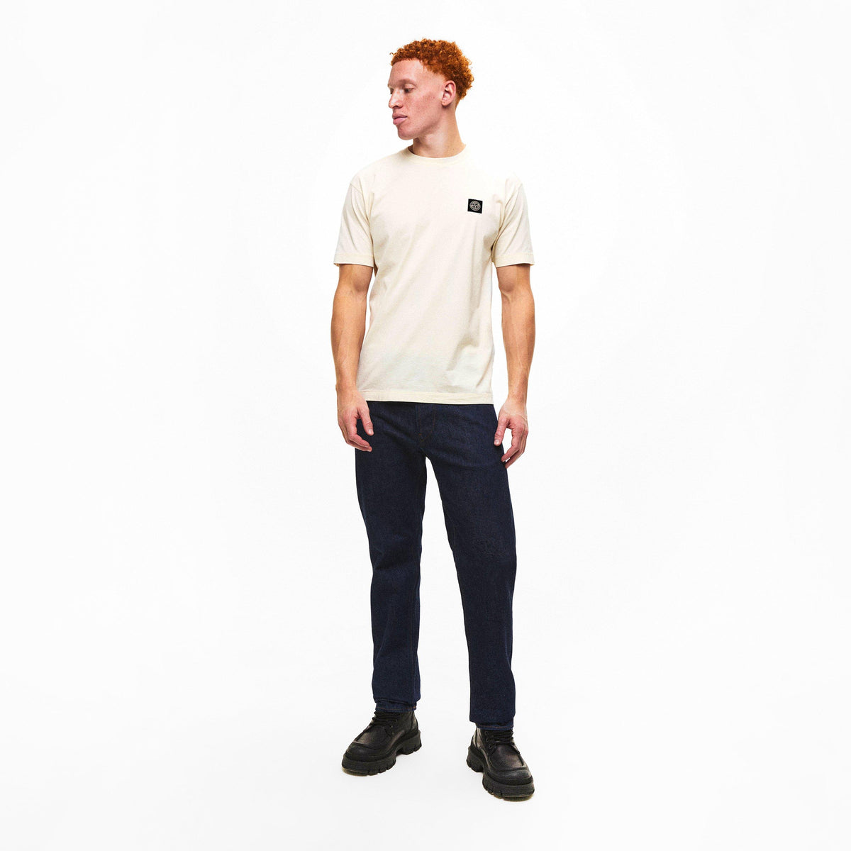 Ivory V0093 - Stone Island - Men's Cotton Compass Logo Patch T-Shirt - 6
