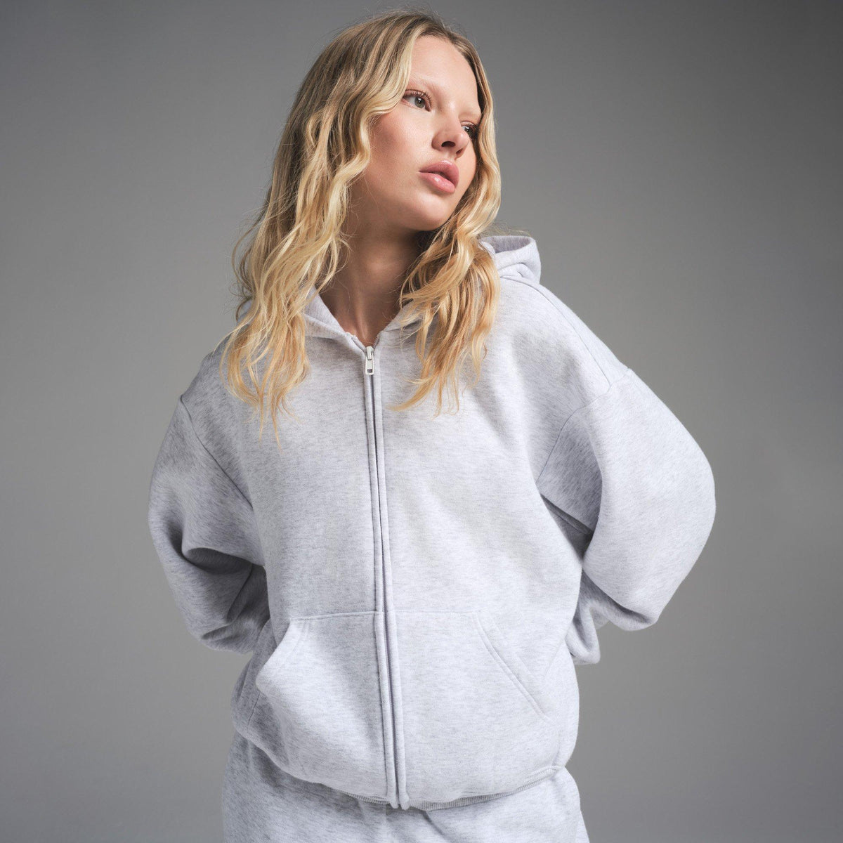 Light Hthr Grey - SKIMS - Womens Cotton Fleece Classic Zip Up Hoodie - 2