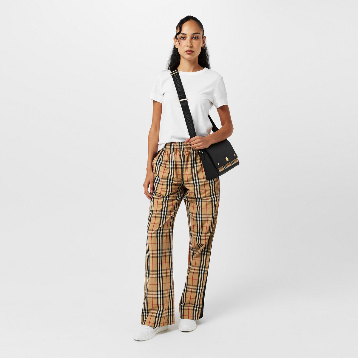 AB Ip Chk - Burberry - Women's Check High Waisted Wide Leg Trousers - 6