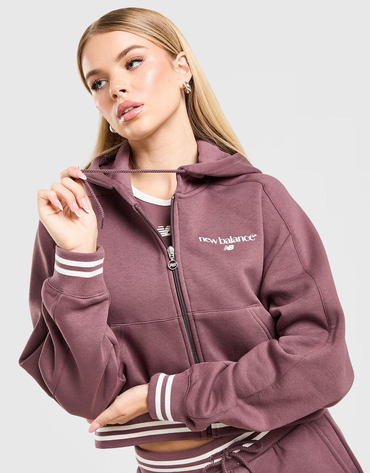 New Balance Cropped Ribbed Full Zip Hoodie
